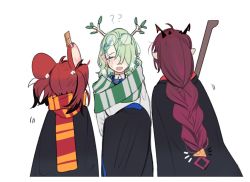 Rule 34 | 3girls, ?, ??, ahoge, alternate universe, animal ears, antlers, black hair, braid, branch, broom, brown hair, ceres fauna, cloak, closed eyes, collared shirt, dice hair ornament, eus ing, flower, french braid, green scarf, gryffindor, hair flower, hair ornament, hair over one eye, hakos baelz, harry potter (series), high-waist skirt, hogwarts school uniform, hololive, hololive english, hood, hooded cloak, horns, irys (hololive), mole, mole under eye, mouse ears, mouse girl, mousetrap, multicolored hair, multiple girls, necktie, purple hair, ravenclaw, red hair, red scarf, scarf, school uniform, shirt, short hair, skirt, slytherin, smile, sparkle, streaked hair, virtual youtuber, white hair, white shirt, wizarding world, yellow eyes