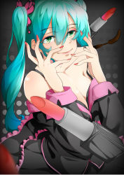 Rule 34 | 1girl, absurdres, aqua hair, black background, black dress, blurry, bra slip, bra strap, breasts, butterfly hair ornament, closed mouth, collarbone, cosmetics, depth of field, dress, eyebrows, fingernails, frills, gradient background, green eyes, hair between eyes, hair ornament, hatsune miku, highres, honey whip (module), large breasts, lipstick tube, long fingernails, long hair, long sleeves, looking at viewer, nail polish, off shoulder, polka dot, polka dot background, project diva (series), project diva f, red nails, smile, solo, sweet devil (vocaloid), twintails, very long hair, vocaloid, xinshijie de akalin