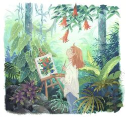Rule 34 | 1girl, border, canvas (object), denim, easel, fern, flower, forest, heikala, highres, holding, holding paintbrush, holding palette, jeans, jungle, leaf, looking at flowers, looking up, medium hair, nature, orange flower, orange hair, original, outdoors, paint, paint on clothes, paint splatter, paint splatter on face, paintbrush, painting (medium), painting (object), palette (object), pants, plant, rock, sleeves rolled up, solo, standing, traditional media, tree, vines, watercolor (medium), white border