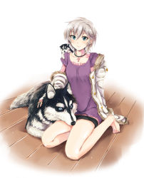 Rule 34 | 10s, 1girl, anastasia (idolmaster), animal, animal on shoulder, bare legs, barefoot, blue eyes, blush, buttons, choker, coat, cross, dog, earrings, frills, full body, fur trim, futou ryouko, fuyuki ryouko, hair between eyes, hug, husky, idolmaster, idolmaster cinderella girls, jewelry, lap pillow, light smile, long sleeves, looking at viewer, lying, necklace, off shoulder, on floor, on shoulder, on stomach, open clothes, open coat, puppy, short hair, silver hair, simple background, sitting, sleeves past wrists, smile, solo, wariza, wooden floor