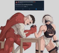 Rule 34 | 1boy, 1girl, 2b (nier:automata), bara, black blindfold, black gloves, black hair, black thighhighs, blindfold, bodysuit, breasts, bulge, cape, cleavage cutout, clothing cutout, covered eyes, crossover, facial hair, gloves, grey background, hairband, highres, invincible (series), leotard, medium breasts, mole, mole under mouth, multicolored hair, muscular, muscular female, muscular male, mustache, nier:automata, nier (series), omni-man, pink lips, red bodysuit, red cape, short hair, stool, struggling, superhero costume, sweat, thighhighs, twitter, two-tone hair, white bodysuit, white hair, yoracrab