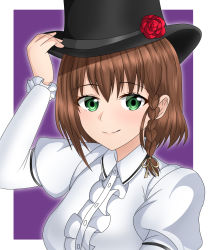 Rule 34 | 1girl, arm up, black hat, border, braid, brown hair, center frills, charlotte corday (fate), closed mouth, commentary, dress, english commentary, fate/grand order, fate (series), flower, frilled sleeves, frills, green eyes, hair between eyes, hat, hat flower, highres, juliet sleeves, long sleeves, looking at viewer, midori (user nsaz3272), outside border, puffy sleeves, purple background, red flower, red rose, rose, short hair, side braid, simple background, single braid, smile, solo, upper body, white border, white dress