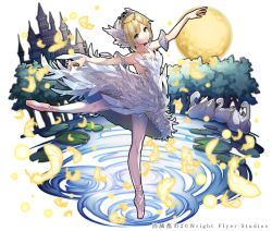 Rule 34 | 1girl, ballerina, ballet slippers, bird, blonde hair, blue eyes, castle, dancing, dress, feathers, jewelry, lily pad, looking at viewer, moon, necklace, official art, pantyhose, pirouette, ripples, shirako miso, shoumetsu toshi 2, standing, standing on liquid, swan, tree, water, watermark, white dress