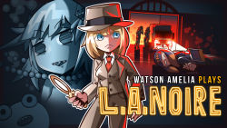 Rule 34 | 6+girls, absurdres, ao-chan (ninomae ina&#039;nis), blonde hair, bloop (gawr gura), blue eyes, blunt bangs, book, breasts, character name, cole phelps, cole phelps (cosplay), corpse, cosplay, enma-chan, fedora, formal, gawr gura, hat, highres, hololive, hololive english, holomyth, james choo, jewelry, l.a. noire, looking to the side, medium breasts, mori calliope, multiple girls, necklace, ninomae ina&#039;nis, open hand, open mouth, parody, pearl necklace, purple hair, sharp teeth, standing, suit, takanashi kiara, teeth, v-shaped eyebrows, virtual youtuber, watson amelia