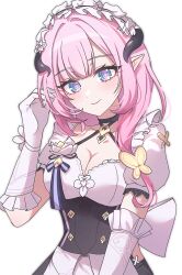 Rule 34 | 1girl, black choker, black dress, blue eyes, blunt bangs, breasts, butterfly hair ornament, choker, cleavage, commentary request, dress, elbow gloves, elf, elysia (honkai impact), elysia (miss pink) (honkai impact), elysia (miss pink elf) (honkai impact), fake horns, gloves, hair between eyes, hair ornament, highres, honkai (series), honkai impact 3rd, horns, korean commentary, large breasts, long hair, looking at viewer, maid, maid headdress, pink hair, pink pupils, pointy ears, puffy short sleeves, puffy sleeves, short sleeves, twirling hair, upper body, white background, white gloves, yoonsa