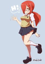 Rule 34 | 1girl, 2018, blue background, blush, glasses, grin, hair over one eye, leg up, looking at viewer, mtk hoshi, parasoul (skullgirls), parted lips, pleated skirt, ponytail, red hair, school uniform, skirt, skullgirls, smile, socks, solo, speech bubble, sweater vest, waving, yellow eyes, aged down