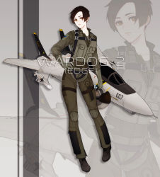 Rule 34 | 1girl, ace combat, ace combat 5, aircraft, airplane, brown eyes, character name, collarbone, commentary, emblem, f-14 tomcat, fighter jet, hand on own hip, helmet, highres, holding, holding helmet, jet, kei nagase, looking at viewer, military, military vehicle, missile, namco, patch, pilot, pilot helmet, pilot suit, short hair, skyleranderton, standing, weapon