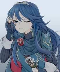 Rule 34 | 1girl, armor, blue armor, blue eyes, blue hair, breastplate, cape, fingerless gloves, fire emblem, fire emblem awakening, flower, gloves, long hair, looking at viewer, lucina (fire emblem), nintendo, one eye closed, pauldrons, shoulder armor, simple background, solo, solo focus
