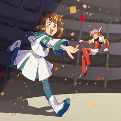 Rule 34 | 2girls, angelic layer, armband, blue armband, blue socks, boots, brown hair, commentary, confetti, doll, english commentary, floating, hair tubes, highres, hikaru (angelic layer), multiple girls, musketeerart, open mouth, pink hair, reaching, red thighhighs, school uniform, shadow, shirt, short hair, short hair with long locks, sidelocks, size difference, skirt, socks, spotlight, stadium, suzuhara misaki, tears, teeth, thighhighs, upper teeth only, white footwear, white shirt, white skirt