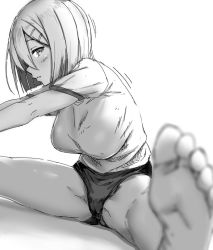 Rule 34 | 1girl, aoi tiduru, bad id, bad twitter id, barefoot, bloomers, blurry, blush, breasts, crotch, depth of field, feet, focused, from side, greyscale, hair ornament, hair over one eye, hairclip, hamakaze (kancolle), kantai collection, large breasts, legs apart, looking at viewer, monochrome, shadow, short hair, short sleeves, sketch, soles, solo, stretching, toes, underwear