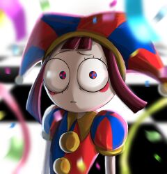 Rule 34 | 1girl, asymmetrical eyelashes, bags under eyes, blue eyes, blunt bangs, blunt ends, blush stickers, brown hair, checkered floor, confetti, constricted pupils, death, gloves, hat, hat bell, highres, jester, jester cap, jester costume, looking at another, motion blur, multicolored clothes, multicolored hat, pomni (the amazing digital circus), puffy short sleeves, puffy sleeves, red eyes, short hair, short sleeves, skirt, solo, spoilers, striped clothes, striped headwear, surprised, tentenpan, the amazing digital circus, two-tone eyes, vertical-striped bodysuit, vertical-striped clothes, vertical-striped headwear, white skirt, wide-eyed