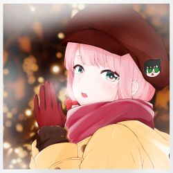 Rule 34 | 1girl, :o, alternate hairstyle, blurry, blurry background, border, cabbie hat, character hat ornament, coat, commentary request, gloves, green eyes, hat, hat ornament, highres, hood, katou asuka, kuroki tomoko, long hair, looking at viewer, mochamillll, own hands together, pink hair, pink scarf, red gloves, scarf, solo, teeth, upper teeth only, watashi ga motenai no wa dou kangaetemo omaera ga warui!, white border, winter clothes, yellow coat