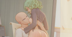 Rule 34 | 1boy, 1girl, ass, bald, bartolomeobari, black dress, blush, breast sucking, chair, closed eyes, clothes lift, commentary, curly hair, dress, dress lift, english commentary, from side, grey hair, hetero, implied sex, indoors, lifting another&#039;s clothes, long sleeves, looking at another, no bra, no panties, one-punch man, open mouth, out-of-frame censoring, saitama (one-punch man), shirt, tatsumaki, teeth, unfinished, upper teeth only, white shirt