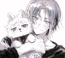 Rule 34 | 1boy, animal, animalization, blue lock, closed mouth, collar, collarbone, commentary request, dog, half-closed eyes, highres, holding, holding animal, holding dog, long sleeves, looking at viewer, male focus, metal collar, mikage reo, monochrome, nagi seishirou, portrait, shirt, short hair, simple background, smile, white background, yng z
