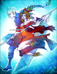 Rule 34 | 1boy, 1girl, aerith gainsborough, alternate costume, amano yoshitaka design, arm guards, armor, blonde hair, blue background, blue pants, blue shirt, boots, braid, breasts, brown hair, buster sword, cleavage, cloud strife, collarbone, curly hair, detached sleeves, dress, final fantasy, final fantasy vii, full body, green eyes, hair ribbon, holding, holding weapon, long dress, long hair, materia, medium breasts, orange dress, pants, parted bangs, parted lips, puffy short sleeves, puffy sleeves, red ribbon, ribbon, shirt, short sleeves, shoulder armor, sidelocks, sleeveless, sleeveless shirt, spiked hair, square enix, staff, strapless, strapless dress, weapon