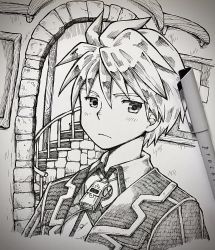 Rule 34 | 1boy, art tools in frame, bulletin board, closed mouth, collared shirt, doorway, greyscale, hatching (texture), highres, jacket, jiruo (made in abyss), linear hatching, looking at viewer, made in abyss, male focus, monochrome, open clothes, open jacket, photo (medium), shirt, short hair, solo, stairs, traditional media, tsumiki yuu, upper body, whistle, whistle around neck