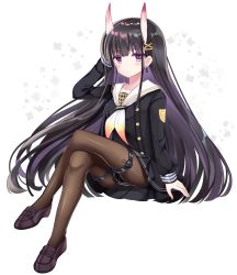 Rule 34 | 1girl, arm behind head, arm up, azur lane, black footwear, black hair, black jacket, black shirt, black skirt, blush, breasts, brown pantyhose, closed mouth, commentary request, crossed legs, earrings, floral background, full body, hair ornament, hairclip, highres, horns, jacket, jewelry, loafers, long hair, long sleeves, looking at viewer, medium breasts, nail polish, neckerchief, noshiro (azur lane), oni, oni horns, open clothes, open jacket, pantyhose, pink nails, pleated skirt, purple eyes, sailor collar, shikito (yawa0w0), shirt, shoes, simple background, sitting, skirt, solo, very long hair, white background, white neckerchief, white sailor collar, x hair ornament