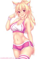 Rule 34 | 1girl, animal ear fluff, blonde hair, blush, fang, highres, long hair, looking at viewer, midriff, navel, nottytiffy, open mouth, original, ponytail, red eyes, short shorts, shorts, solo, sports bra, striped clothes, striped thighhighs, sweatband, thighhighs, tiffy (nottytiffy), v, watermark, web address, white background, wristband