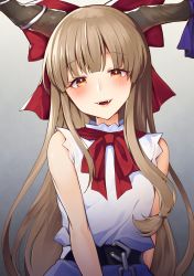 Rule 34 | 1girl, blonde hair, blunt bangs, blush, bow, commentary request, fangs, flat chest, gradient background, hair bow, head tilt, highres, horn ornament, horn ribbon, horns, ibuki suika, kaede (mmkeyy), lips, long hair, low-tied long hair, oni horns, purple ribbon, red bow, red neckwear, red ribbon, ribbon, solo, teeth, torn clothes, touhou, upper body, upper teeth only, yellow eyes