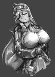 Rule 34 | 1girl, absurdres, arm under breasts, breasts, buckle, covered erect nipples, fang, female focus, girls&#039; frontline, goggles, goggles on head, grey background, hair between eyes, hair ornament, hairclip, head tilt, highres, jacket, large breasts, long hair, looking at viewer, looking to the side, mole, mole under eye, monochrome, no bra, open clothes, open jacket, shirt, sidelocks, sig mcx (girls&#039; frontline), simple background, smile, snap-fit buckle, solo, tactical clothes, upper body, very long hair, zer0.zer0
