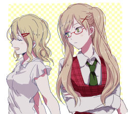 2girls america_(hetalia) axis_powers_hetalia blonde_hair blouse checkered_background crossed_arms closed_eyes genderswap genderswap_(mtf) glasses green_eyes hair_ornament hairclip long_hair multiple_girls necktie open_mouth red-framed_eyewear shirt short_hair sleeveless twintails united_kingdom_(hetalia) urahara wavy_hair