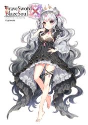 Rule 34 | 1girl, barefoot, black dress, brave sword x blaze soul, breasts, cleavage, curly hair, dress, full body, greyscale, heterochromia, long hair, monochrome, multicolored hair, nardack, smile, solo, two-tone hair, very long hair, wavy hair, white background