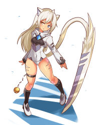 Rule 34 | 1girl, animal ears, animal print, ball and chain (weapon), bell, black socks, blue eyes, body markings, cat ears, cat girl, cat tail, commentary, cougar (cougar1404), covered navel, cropped jacket, cut cat, full body, head tilt, heterochromia, jacket, jingle bell, leotard, long hair, long sleeves, looking at viewer, open mouth, shoes, silui (cougar1404), socks, solo, standing, sword, tail, tan, thigh strap, tiger print, weapon, white footwear, white hair, white jacket, white leotard, yellow eyes