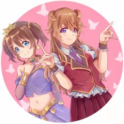 Rule 34 | 2girls, aqua eyes, artist name, artist request, black skirt, blue eyes, blush, bnags, bow, bracelet, breasts, brown hair, bug, butterfly, butterfly (love live!), choker, cleavage, clenched hand, clothing cutout, collarbone, collared shirt, cropped shirt, crown, detached sleeves, double bun, double fox shadow puppet, double v, dress, dress shirt, earrings, female focus, fox shadow puppet, gold bracelet, hair between eyes, hair bow, hair bun, hair over shoulder, hair rings, harem outfit, highres, insect, jewelry, konoe haruka, konoe kanata, layered skirt, long hair, looking at viewer, love live!, love live! nijigasaki high school idol club, love live! school idol festival, mini crown, miniskirt, multiple girls, navel, necktie, parted lips, plaid, plaid skirt, pleated, pleated skirt, puffy short sleeves, puffy sleeves, purple eyes, purple necktie, purple shirt, purple shorts, red vest, shirt, short sleeves, shorts, shoulder cutout, siblings, sisters, skirt, small breasts, smile, twintails, two side up, v, vest, white butterfly, white shirt, yellow bow, yellow bracelet, yellow choker