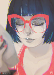Rule 34 | 1girl, aurahack, black hair, blurry, breasts, chromatic aberration, cleavage, closed eyes, depth of field, glasses, highres, holding, lips, md5 mismatch, nail polish, original, red nails, short hair, signature, small breasts, smile, solo, sparkle, upper body, watermark, web address
