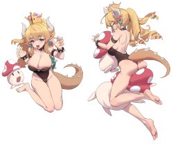 Rule 34 | 1girl, :p, armlet, ass, bare legs, barefoot, blonde hair, blue eyes, blush, bowsette, bracelet, breasts, claw pose, cleavage, collar, crown, earrings, feet, fingers together, full body, highres, horns, jewelry, large breasts, leotard, long hair, mario (series), muloli, multiple views, mushroom, new super mario bros. u deluxe, nintendo, own hands together, pointy ears, ponytail, profile, sharp teeth, sidelocks, simple background, soles, spiked armlet, spiked bracelet, spiked collar, spikes, super crown, tail, teeth, toes, tongue, tongue out, white background