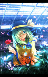Rule 34 | 1girl, flower, green eyes, green hair, hair over one eye, hat, hat ribbon, holding, komeiji koishi, letterboxed, matching hair/eyes, parted lips, petals, red rose, revision, ribbon, rose, ryosios, solo, third eye, touhou, wind