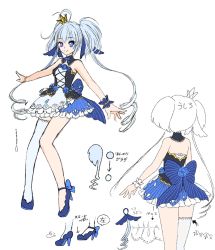 Rule 34 | 1girl, ahoge, arrow (symbol), back bow, bare shoulders, blue eyes, blue flower, blue footwear, blue hair, blue neckwear, blue ribbon, blue rose, blue thighhighs, bow, bowtie, breasts, closed mouth, corset, crown, detached collar, dress, drill hair, female focus, flower, footwear bow, from behind, full body, hair ribbon, happy, heterochromia, high heels, highres, japanese text, knees together feet apart, long hair, looking at viewer, medium breasts, mini crown, muguet, multiple views, original, partially colored, purple eyes, ribbon, rose, shoes, short dress, simple background, single thighhigh, smile, standing, strapless, strapless dress, thighhighs, tilted headwear, translation request, twin drills, twintails, very long hair, white background, wrist cuffs, yellow headwear