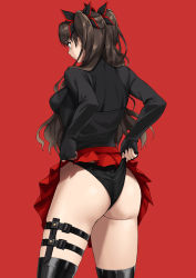 Rule 34 | 1girl, absurdres, adjusting clothes, adjusting panties, ass, black panties, black ribbon, black sweater, black thighhighs, bnc (bunshi), fate/extra, fate/extra record, fate/stay night, fate (series), hair ribbon, highres, panties, red background, ribbon, simple background, skirt, sweater, thigh strap, thighhighs, tohsaka rin, twintails, underwear, wedgie