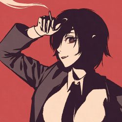 Rule 34 | 1girl, arm up, black eyes, black hair, black jacket, black necktie, black suit, breasts, chainsaw man, cigarette, collared shirt, commentary, dress shirt, eyepatch, formal, high contrast, himeno (chainsaw man), holding, holding cigarette, jacket, looking at viewer, medium breasts, moshimoshibe, necktie, one eye covered, open clothes, open jacket, open mouth, red background, shirt, short hair, simple background, smile, smoke, solo, suit, upper body, white shirt, wing collar