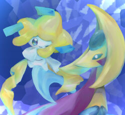 Rule 34 | 1other, blue background, blue eyes, blue sclera, butter (oshi8kyoumoh), closed mouth, colored sclera, colored skin, creatures (company), cresselia, floating, full body, game freak, gen 3 pokemon, gen 4 pokemon, hand on own chest, hand up, head tilt, jirachi, legendary pokemon, looking at another, looking at viewer, mythical pokemon, nintendo, one eye closed, other focus, pokemon, pokemon (creature), upper body, white eyes, white skin