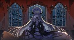 Rule 34 | 1girl, arknights, artist name, bare tree, black dress, black neckwear, blonde hair, blue eyes, blunt bangs, clear regulus, closed mouth, dress, fingernails, frilled sleeves, frills, halloween, horns, indoors, light particles, light rays, long hair, moonlight, nightingale (an elegy) (arknights), nightingale (arknights), official alternate costume, signature, smile, solo, torn clothes, torn dress, tree, very long hair, window