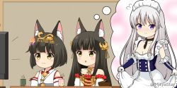 Rule 34 | 3girls, alternate costume, animal ear fluff, animal ears, apron, azur lane, bare shoulders, belfast (azur lane), belfast (azur lane) (cosplay), black hair, blue dress, blush, breasts, chestnut mouth, cleavage, closed mouth, collarbone, commentary request, cosplay, cup, detached sleeves, dress, enmaided, enterprise (azur lane), flying sweatdrops, fox ears, frilled apron, frills, gloves, grey hair, hair ornament, headpiece, japanese clothes, kimono, long hair, maid, maid headdress, manjuu (azur lane), mitya, multiple girls, mutsu (azur lane), nagato (azur lane), parted lips, pleated dress, red dress, sleeveless, sleeveless dress, sleeveless kimono, small breasts, smile, strapless, strapless dress, thought bubble, twitter username, very long hair, white apron, white gloves, white kimono, white sleeves, yunomi