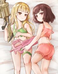 2girls bare_arms bare_shoulders bed_sheet blonde_hair breasts brown_eyes brown_hair bullpup camisole closed_mouth collarbone commentary crop_top english_commentary feet_out_of_frame frilled_shorts frills fukaziroh_(sao) green_camisole green_panties grenade_launcher gun highres hikari_niji holding holding_gun holding_weapon llenn_(sao) long_hair lying milkor_mgl multiple_girls on_back on_side p90 panties pink_camisole pink_shorts shorts small_breasts smile submachine_gun sword_art_online sword_art_online_alternative:_gun_gale_online trigger_discipline underwear underwear_only very_long_hair weapon