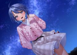 Rule 34 | 1girl, ahoge, belt, belt buckle, black belt, blue hair, blurry, blurry background, blush, buckle, buttons, cable knit, cardigan, chigusa minori, commentary request, cowboy shot, depth of field, grey skirt, hair ornament, hairclip, heart, heart necklace, highres, himeno akira, jewelry, jitsuha imouto deshita., long sleeves, looking at viewer, necklace, open mouth, outdoors, pink cardigan, plaid, plaid skirt, purple eyes, shirt, short hair, sidelocks, skirt, sky, smile, solo, star (sky), starry sky, white shirt