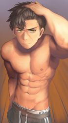 Rule 34 | 10s, 1boy, abs, arm up, black hair, boxers, doudanuki masakuni, eyebrows, from above, gradient background, groin, hand in own hair, hand in pocket, highres, kashi kosugi, looking to the side, male focus, male underwear, muscular, nipples, pants, pout, scar, solo, thick eyebrows, topless male, touken ranbu, track pants, underwear, wooden floor, yellow eyes