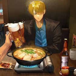 Rule 34 | 2boys, alcohol, beer, beer bottle, beer mug, black jacket, blonde hair, blue eyes, blue shirt, closed mouth, collared shirt, cup, food, hair over one eye, holding, holding cup, jacket, male focus, mug, multiple boys, one eye covered, one piece, runa (nori31291404), sanji (one piece), shirt, short hair, solo focus