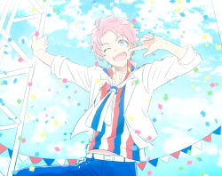 Rule 34 | 10s, 1boy, ;d, belt, blue eyes, blue sky, bunting, cloud, cloudy sky, confetti, cowboy shot, day, idol, idolmaster, idolmaster side-m, jacket, kabuto daigo, male focus, nemuko (bratboy), one eye closed, open clothes, open jacket, open mouth, pennant, pink hair, short hair, sky, smile, solo, string of flags, striped, sweat, vertical stripes