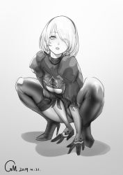 Rule 34 | 1girl, 2019, absurdres, all fours, artist name, blush, boots, breasts, cleavage, cleavage cutout, clothing cutout, dated, feather trim, full body, gorgeous mushroom, greyscale, hair over one eye, high heel boots, high heels, highres, looking at viewer, looking up, medium breasts, medium hair, monochrome, nier (series), nier:automata, panties, pantyshot, parted lips, puffy sleeves, shadow, short hair, skindentation, solo, spread legs, squatting, thigh boots, thighhighs, underwear, 2b (nier:automata)