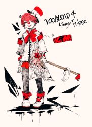 Rule 34 | 1boy, 3kuma, ankle boots, asymmetrical clothes, bandaid, bandaid on face, bandaid on nose, boots, cane, character name, copyright name, fukase, hat, highres, jacket, male focus, official art, original, point (vocaloid), red eyes, red hair, smile, spot color, tongue, tongue out, top hat, vocaloid