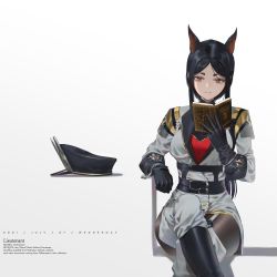 Rule 34 | 1girl, animal ears, arknights, black footwear, black gloves, black hair, black hat, book, boots, character name, commentary, dated, dobermann (arknights), dobermann (lieutenant) (arknights), dog ears, duckking, english commentary, gloves, grey jacket, grey pants, hand up, hat, highres, holding, holding book, holding sword, holding weapon, jacket, knee boots, leg up, long sleeves, military, military uniform, mole, mole under eye, official alternate costume, pants, peaked cap, reading, saber (weapon), scabbard, sheath, short hair, sidelocks, sitting, solo, sword, uniform, unworn hat, unworn headwear, weapon, yellow eyes