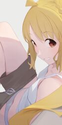 Rule 34 | 1girl, ahoge, blonde hair, bocchi the rock!, breasts, clothes pull, drawstring, from above, highres, hiroki (yyqw7151), ijichi nijika, jacket, looking at viewer, panties, shorts, shorts pull, sidelocks, small breasts, smile, solo, tank top, thighs, underwear, white background, white panties