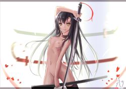 Rule 34 | 1girl, arm up, bad id, black hair, black thighhighs, breasts, character request, circlet, female focus, katana, letterboxed, long hair, md5 mismatch, nipples, nude, original, resolution mismatch, sheath, silhouette, solo, source larger, sword, thighhighs, wangchuan de quanyan, weapon, yellow eyes