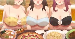 Rule 34 | bare shoulders, bikini, black bikini, blush, breasts, brown hair, cleavage, commentary request, cup, egg (food), food, fried rice, head out of frame, highres, holding, holding cup, large breasts, light brown hair, long hair, medium hair, mole, mole on breast, mole on cheek, navel, noodles, open mouth, original, pizza, ramen, red hair, ryokucha michi, spring onion, swimsuit, takoyaki, upper body, white bikini, yellow bikini