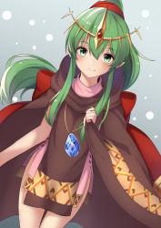 Rule 34 | 1girl, absurdres, cloak, closed mouth, dress, fire emblem, fire emblem: mystery of the emblem, green eyes, green hair, hako momiji, highres, jewelry, long hair, necklace, nintendo, pink dress, pointy ears, ponytail, short dress, simple background, smile, solo, stone, tiara, tiki (fire emblem), tiki (young) (fire emblem)