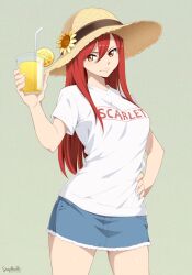 Rule 34 | 1girl, absurdres, alternate costume, blue skirt, breasts, brown eyes, casual, closed mouth, cowboy shot, cup, denim, denim skirt, disposable cup, drinking straw, erza scarlet, fairy tail, flower, food, fruit, hand on own hip, hat, hat ornament, highres, holding, holding cup, juice, large breasts, long hair, looking at viewer, orange (fruit), orange slice, print shirt, red hair, shirt, signature, simple background, skirt, smile, solo, stayaliveplz, sun hat, sunflower, t-shirt, thighs, white shirt